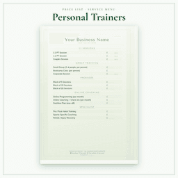 Personal Trainers — Price List & Service Menu, PDF sample pages