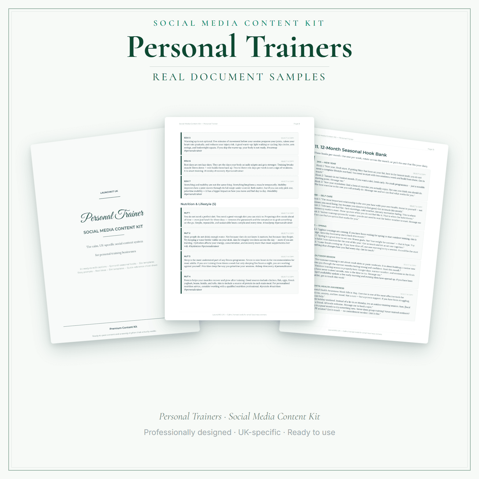 Social Media Content Kit — sample document pages