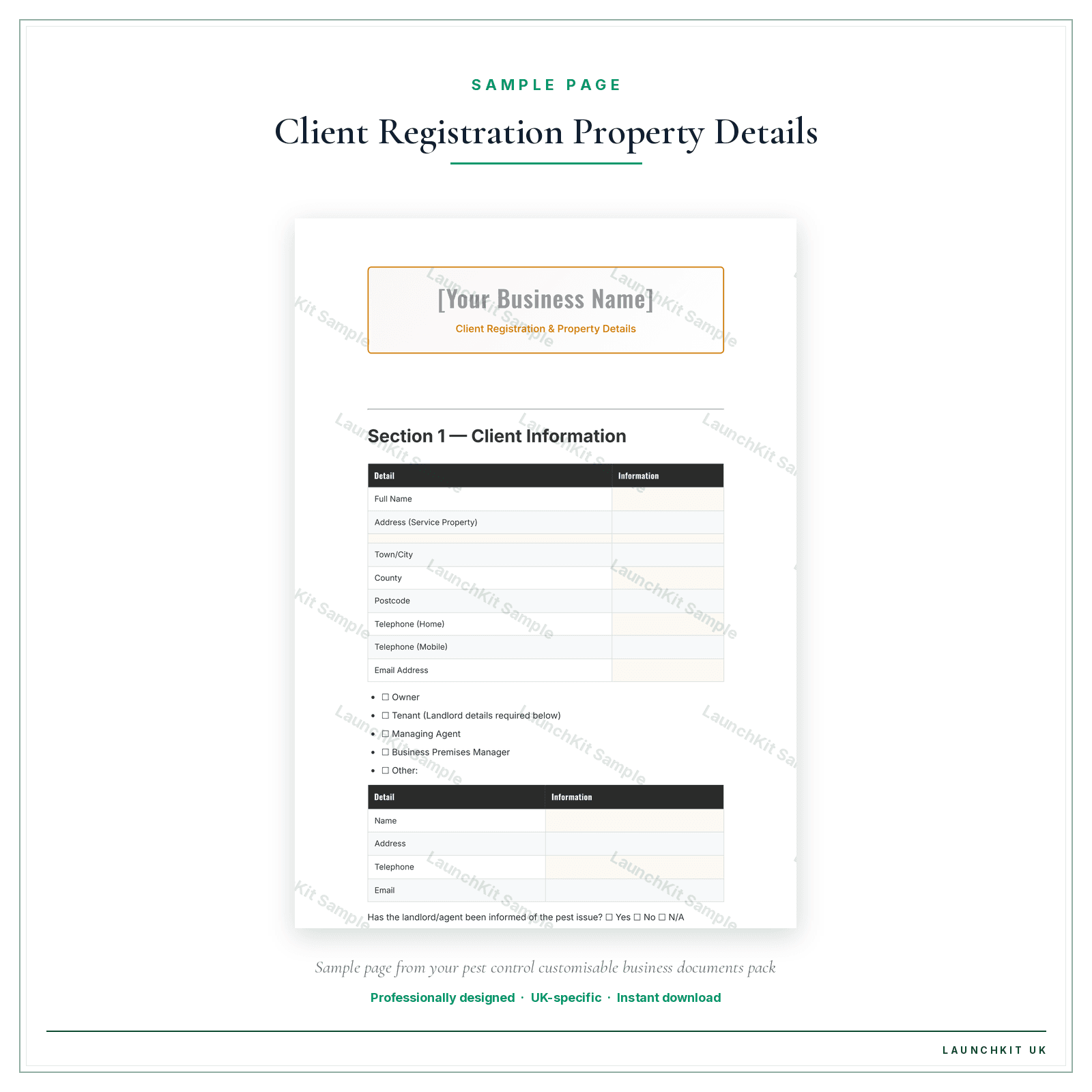 Client Registration & Property Details sample page from the Pest Control Business Documents — Customisable pack — watermarked LaunchKit Sample
