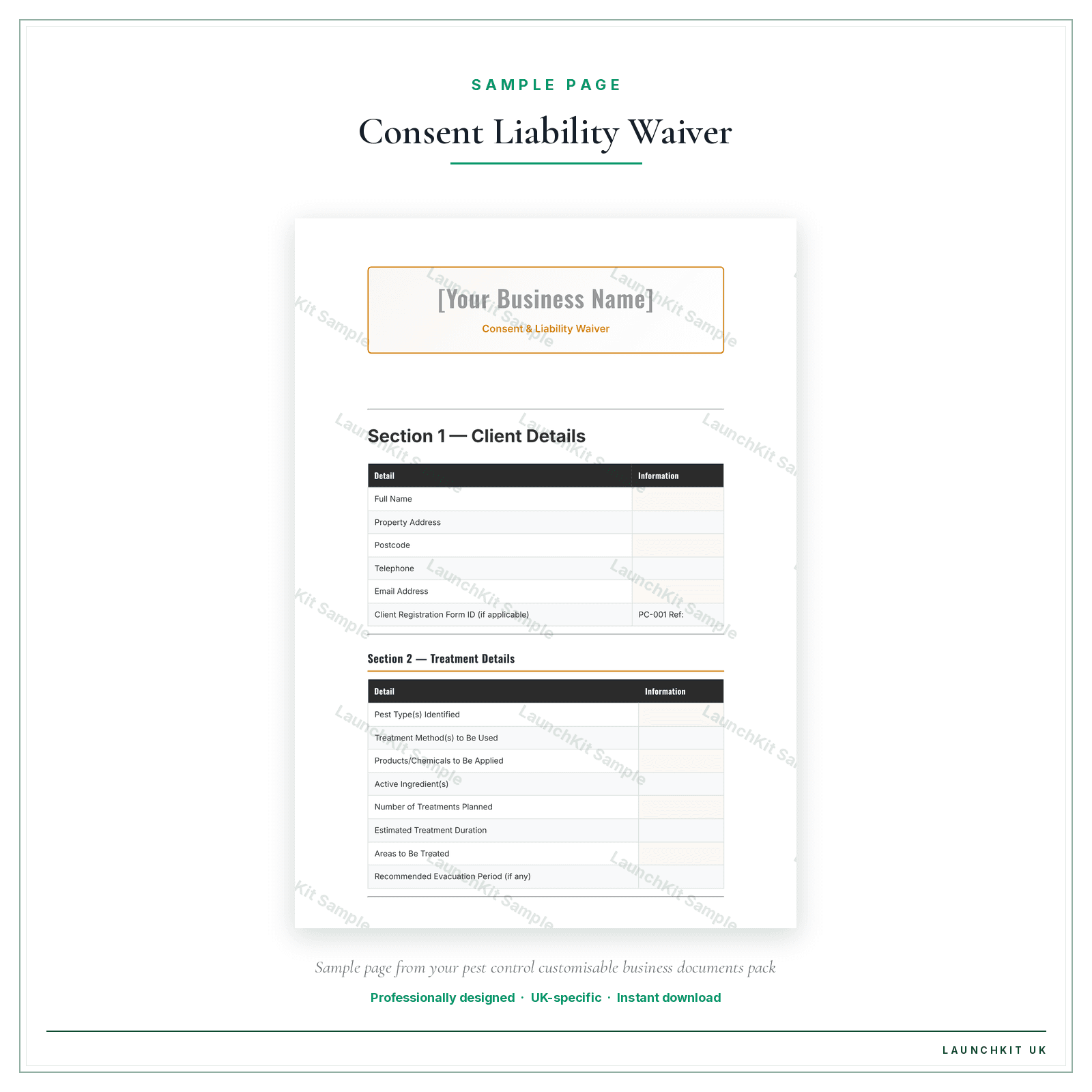 Consent & Liability Waiver sample page from the Pest Control Business Documents — Customisable pack — watermarked LaunchKit Sample