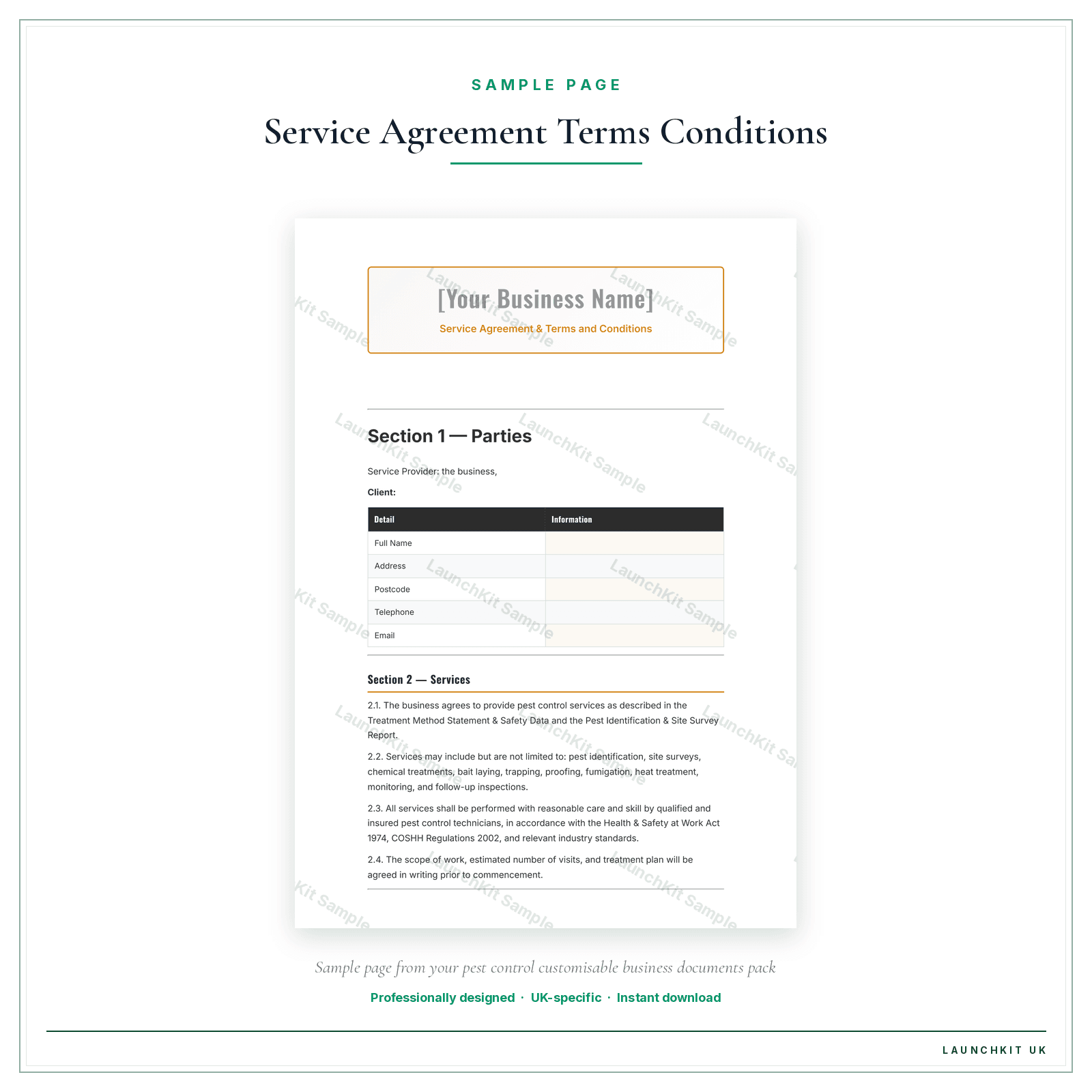 Service Agreement & Terms and Conditions sample page from the Pest Control Business Documents — Customisable pack — watermarked LaunchKit Sample