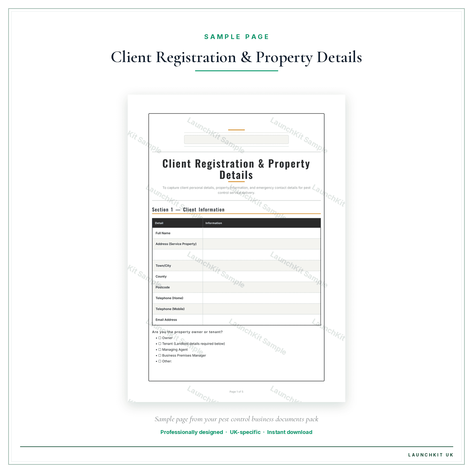 Client Registration & Property Details sample page from the Pest Control Business Documents — Essential pack — watermarked LaunchKit Sample