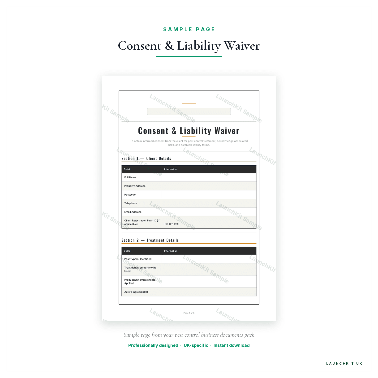 Consent & Liability Waiver sample page from the Pest Control Business Documents — Essential pack — watermarked LaunchKit Sample