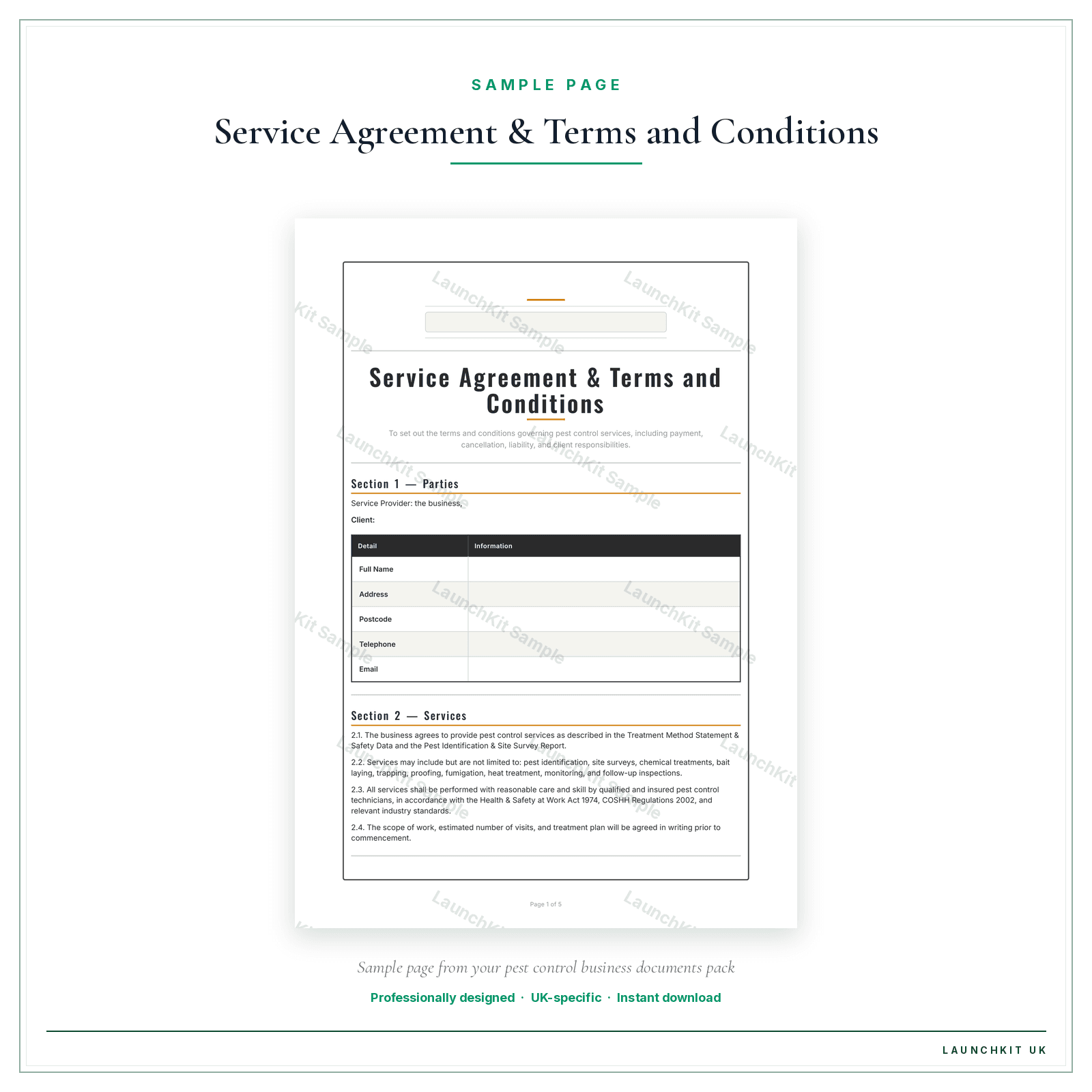 Service Agreement & Terms and Conditions sample page from the Pest Control Business Documents — Essential pack — watermarked LaunchKit Sample