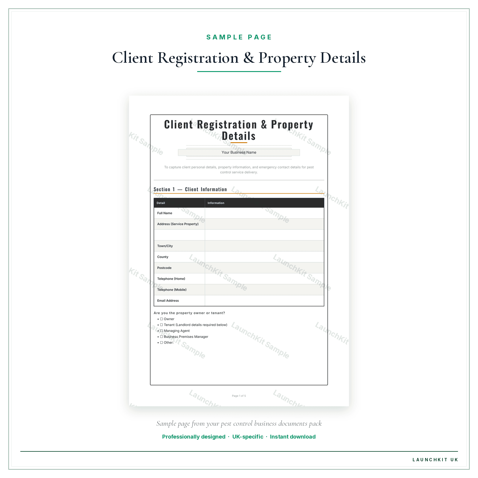 Client Registration & Property Details sample page from the Pest Control Business Documents — Standard pack — watermarked LaunchKit Sample