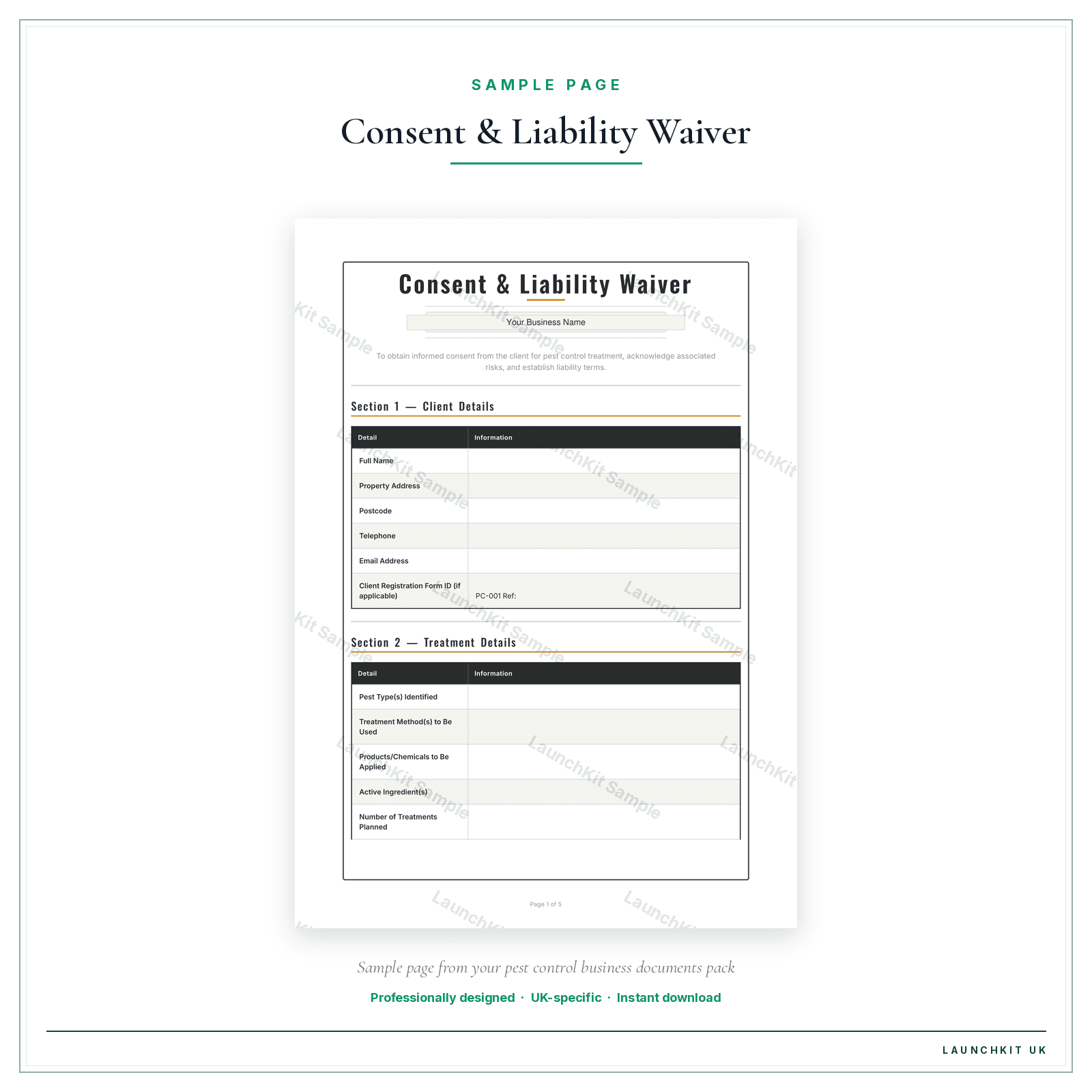 Consent & Liability Waiver sample page from the Pest Control Business Documents — Standard pack — watermarked LaunchKit Sample