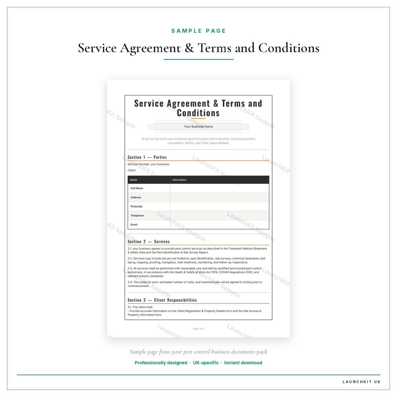 Service Agreement & Terms and Conditions sample page from the Pest Control Business Documents — Standard pack — watermarked LaunchKit Sample