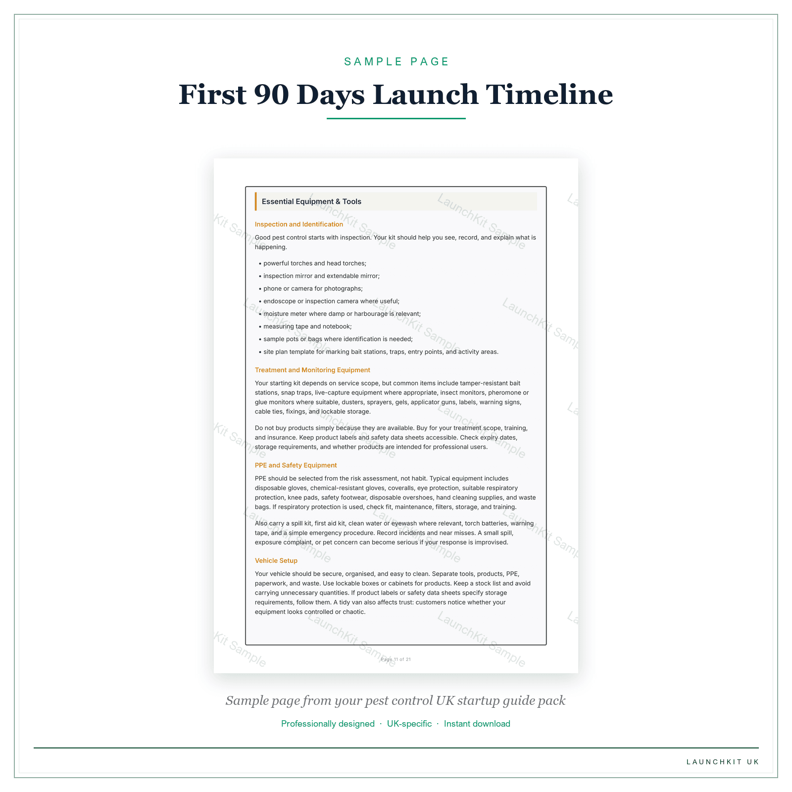 First 90 Days Launch Timeline sample page from the Pest Control Startup Guide pack — watermarked LaunchKit Sample
