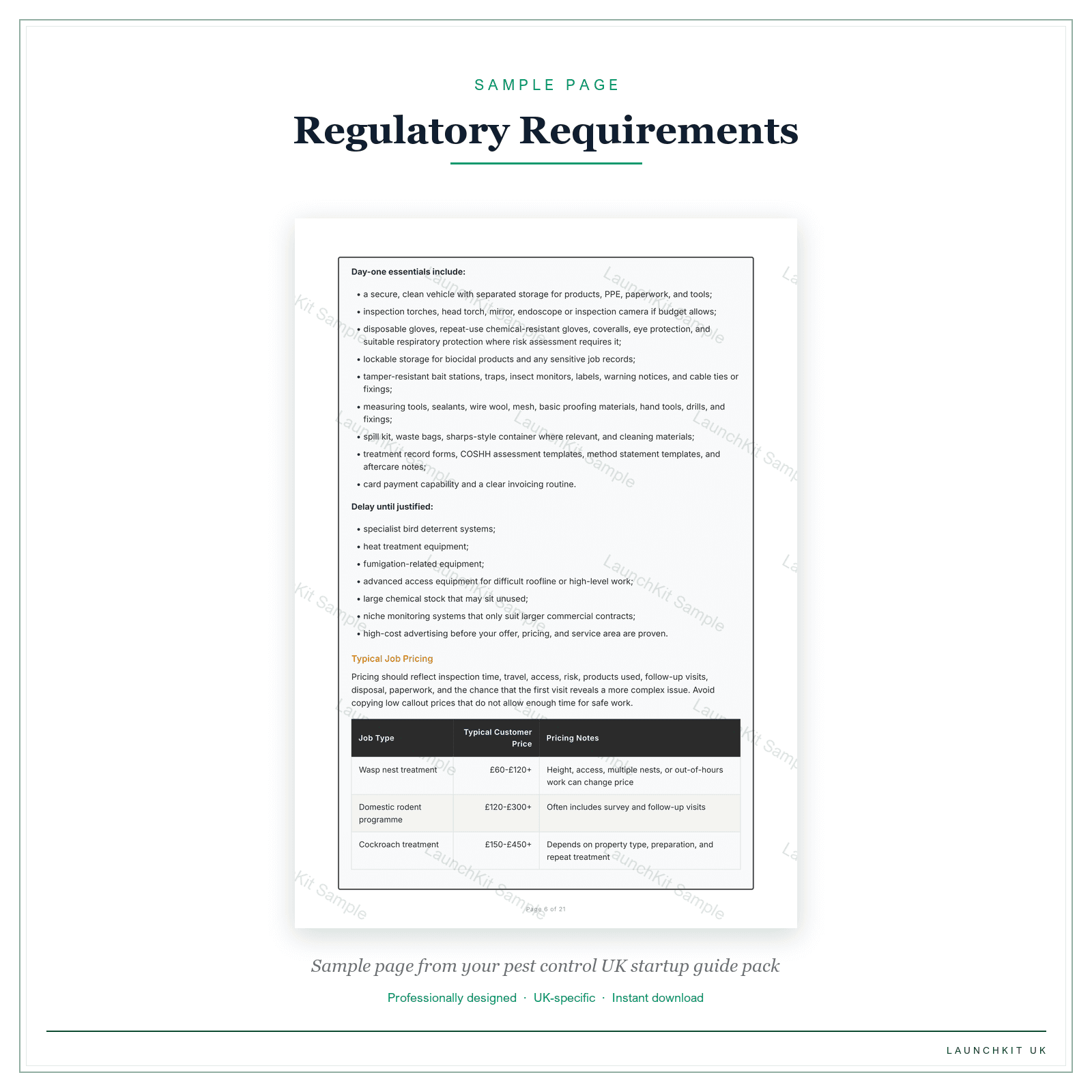 Regulatory Requirements sample page from the Pest Control Startup Guide pack — watermarked LaunchKit Sample