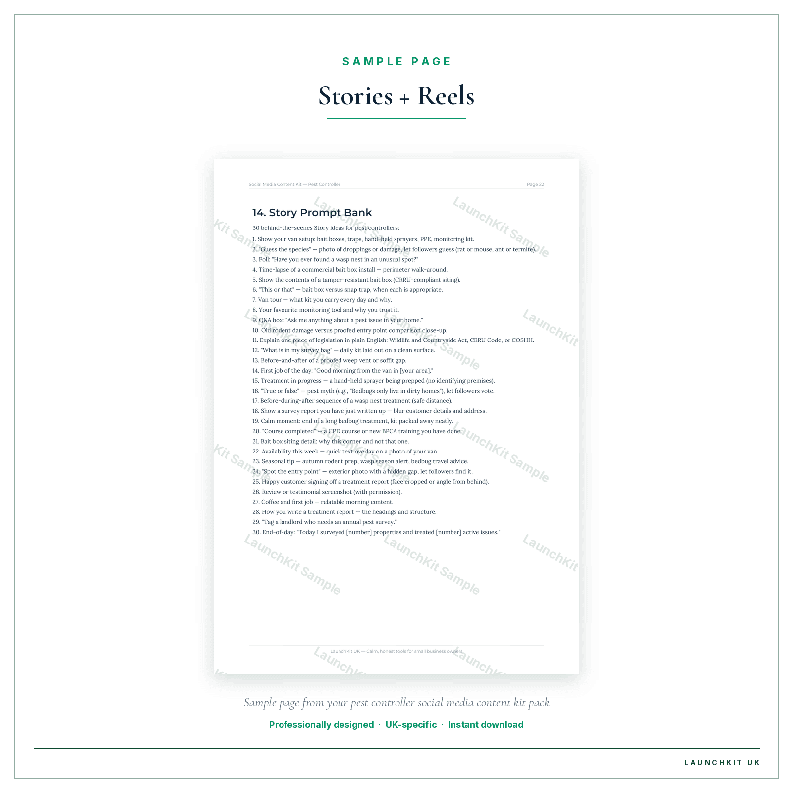 Stories + Reels sample page from the Pest Control Social Media Content Kit pack — watermarked LaunchKit Sample