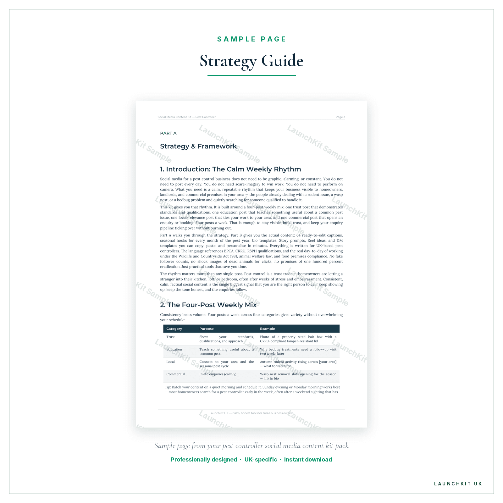 Strategy Guide sample page from the Pest Control Social Media Content Kit pack — watermarked LaunchKit Sample