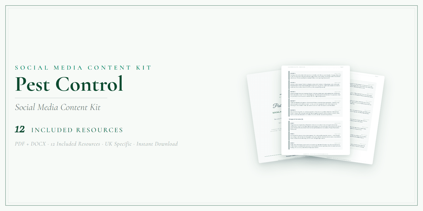 Pest Control — Social Media Content Kit, PDF and editable DOCX product overview