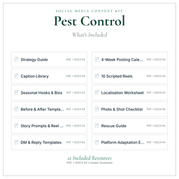 Pest Control — Social Media Content Kit, PDF and editable DOCX what's included preview