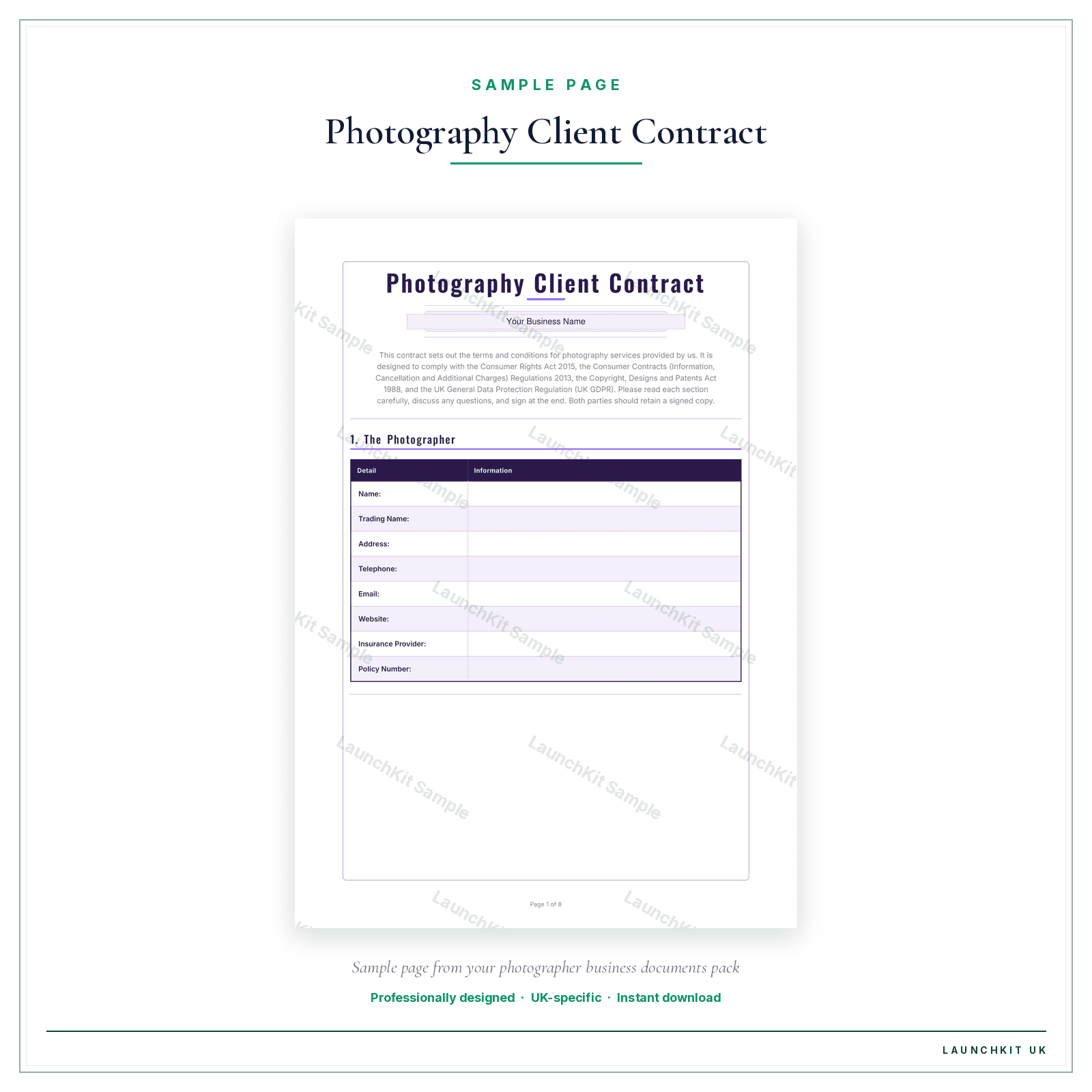 Photography Client Contract sample page from the Photographer Business Documents — Premium pack — watermarked LaunchKit Sample