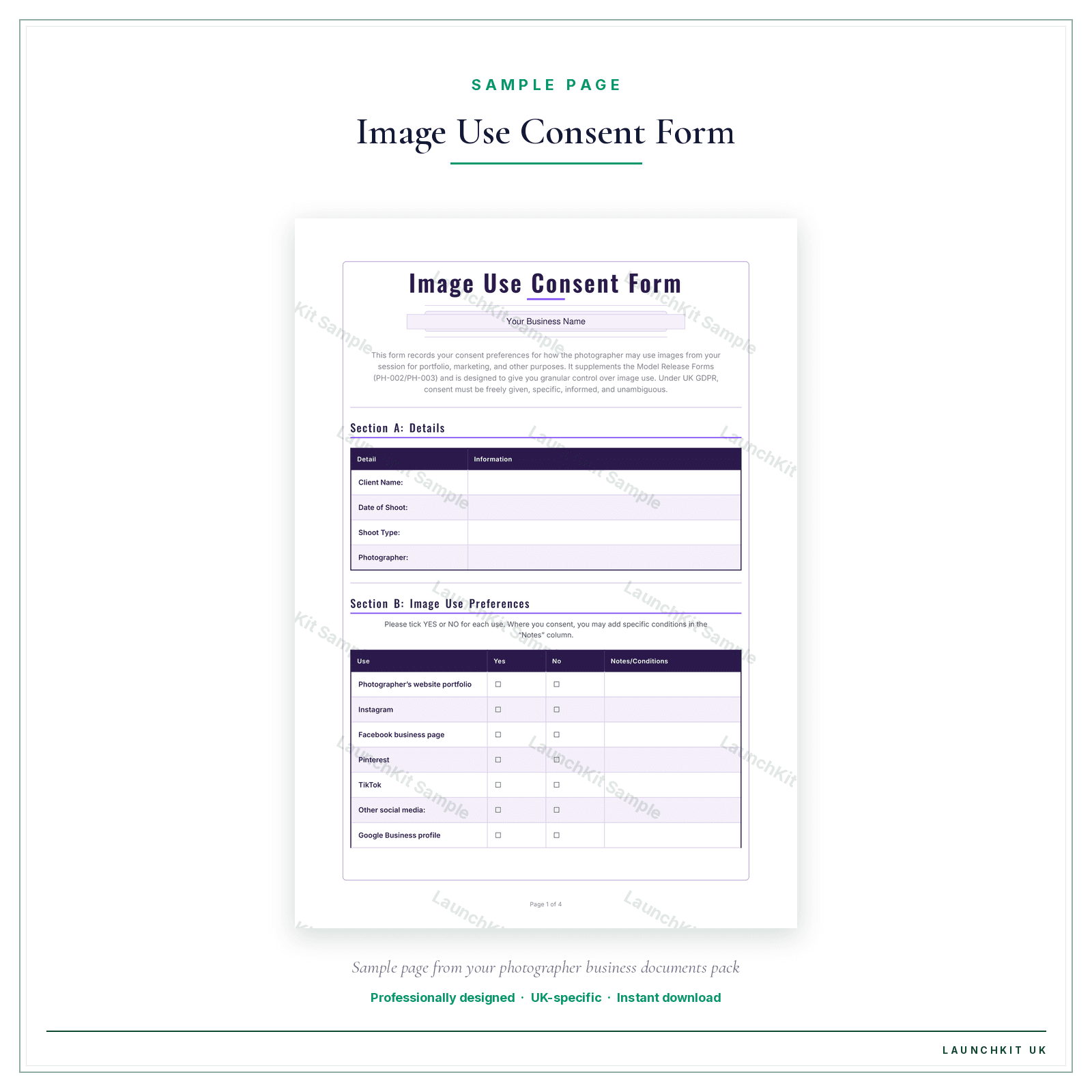 Image Use Consent Form sample page from the Photographer Business Documents — Premium pack — watermarked LaunchKit Sample