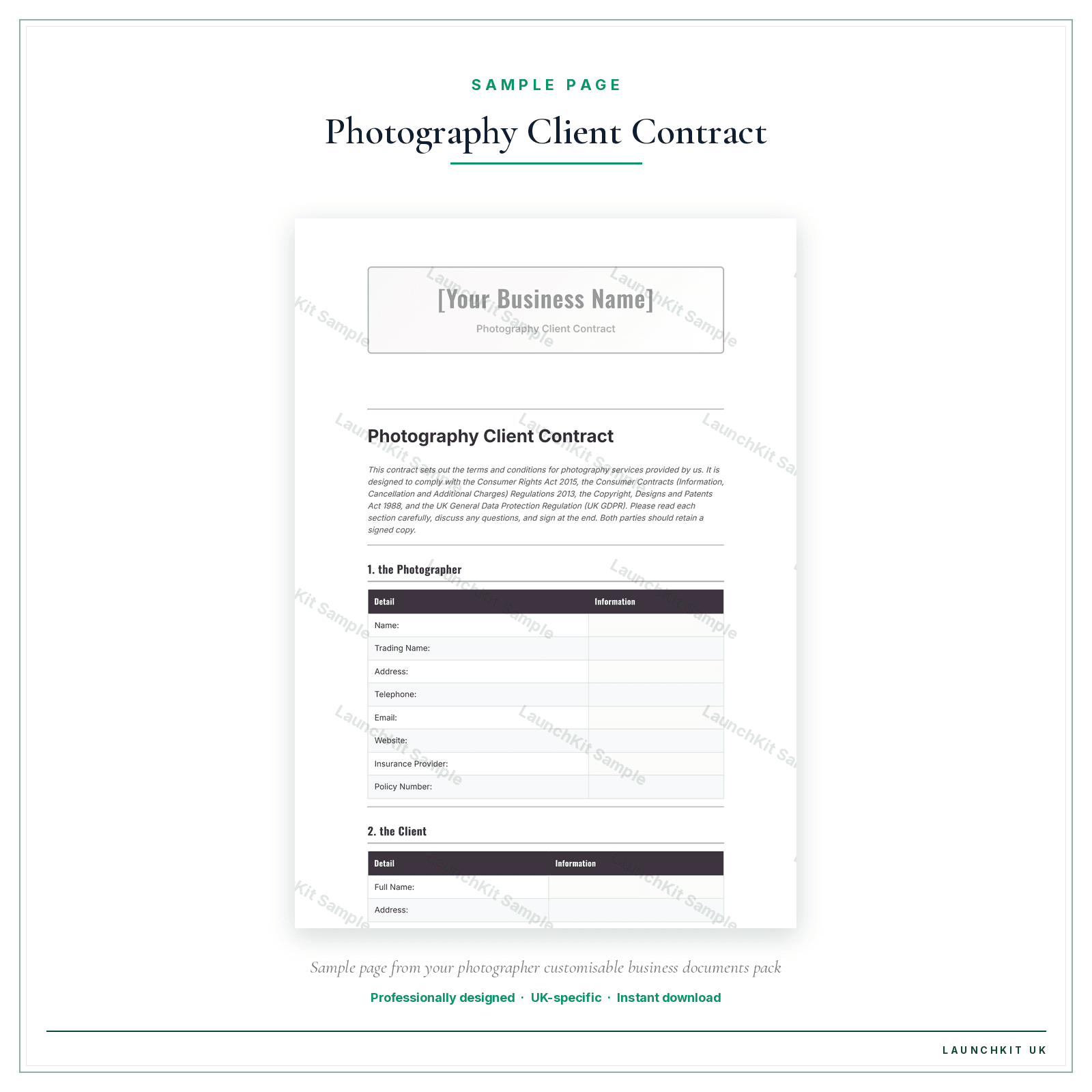 Photography Client Contract sample page from the Photographer Business Documents — Customisable pack — watermarked LaunchKit Sample