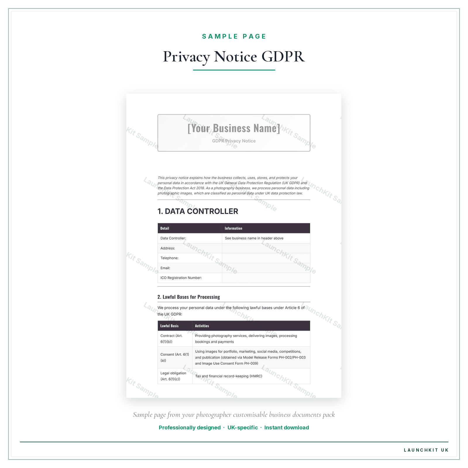 Privacy Notice (UK GDPR) sample page from the Photographer Business Documents — Customisable pack — watermarked LaunchKit Sample