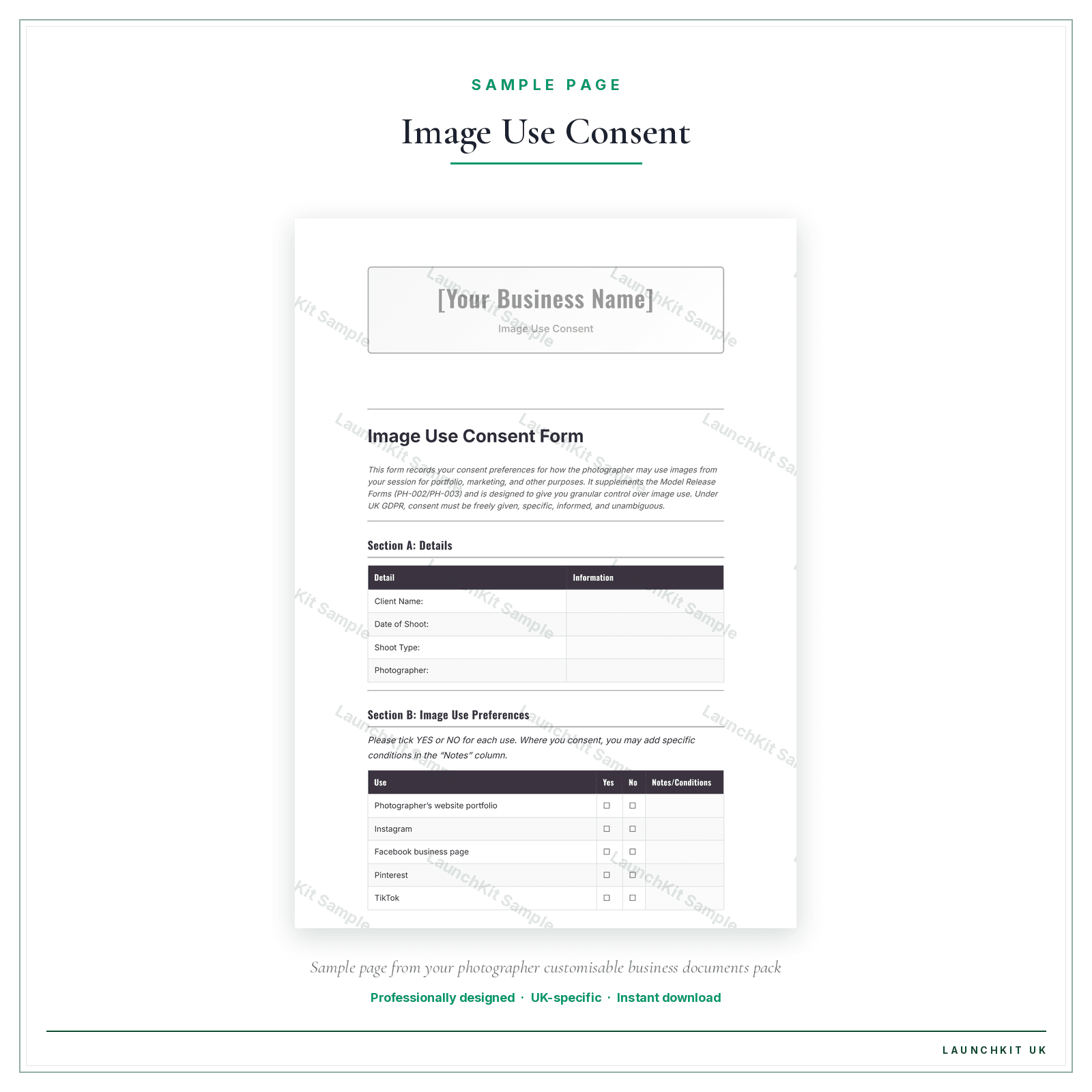 Image Use Consent Form sample page from the Photographer Business Documents — Customisable pack — watermarked LaunchKit Sample
