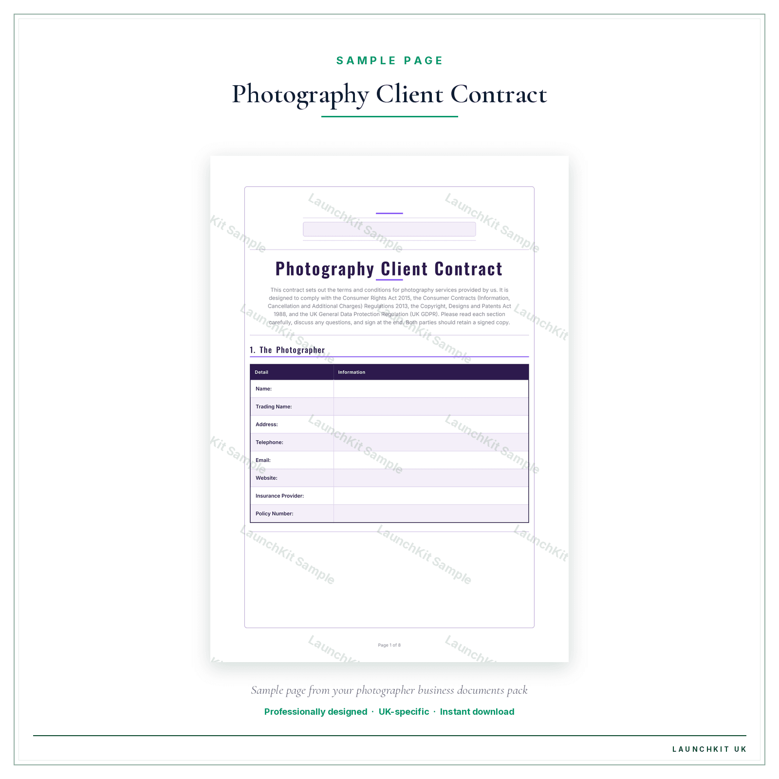 Photography Client Contract sample page from the Photographer Business Documents — Essential pack — watermarked LaunchKit Sample
