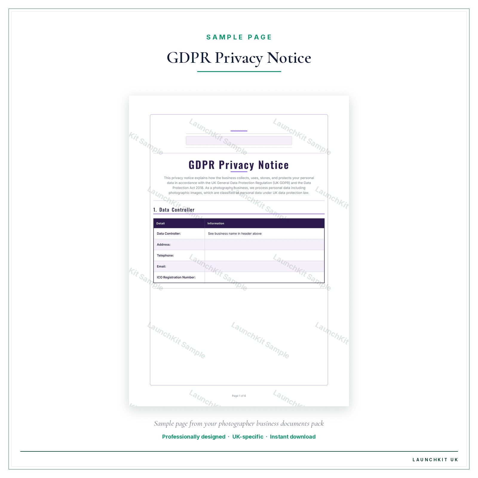 Privacy Notice (UK GDPR) sample page from the Photographer Business Documents — Essential pack — watermarked LaunchKit Sample