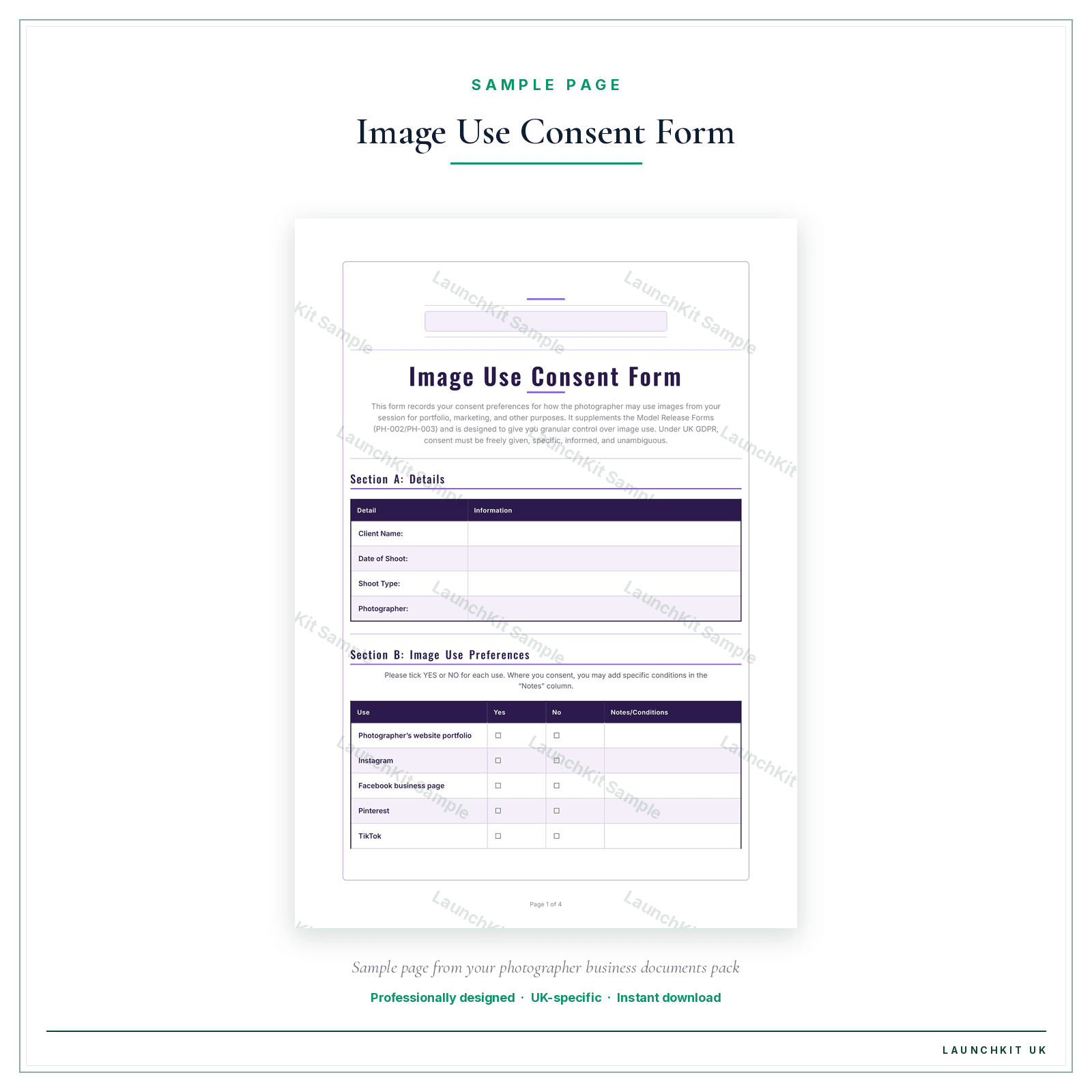 Image Use Consent Form sample page from the Photographer Business Documents — Essential pack — watermarked LaunchKit Sample