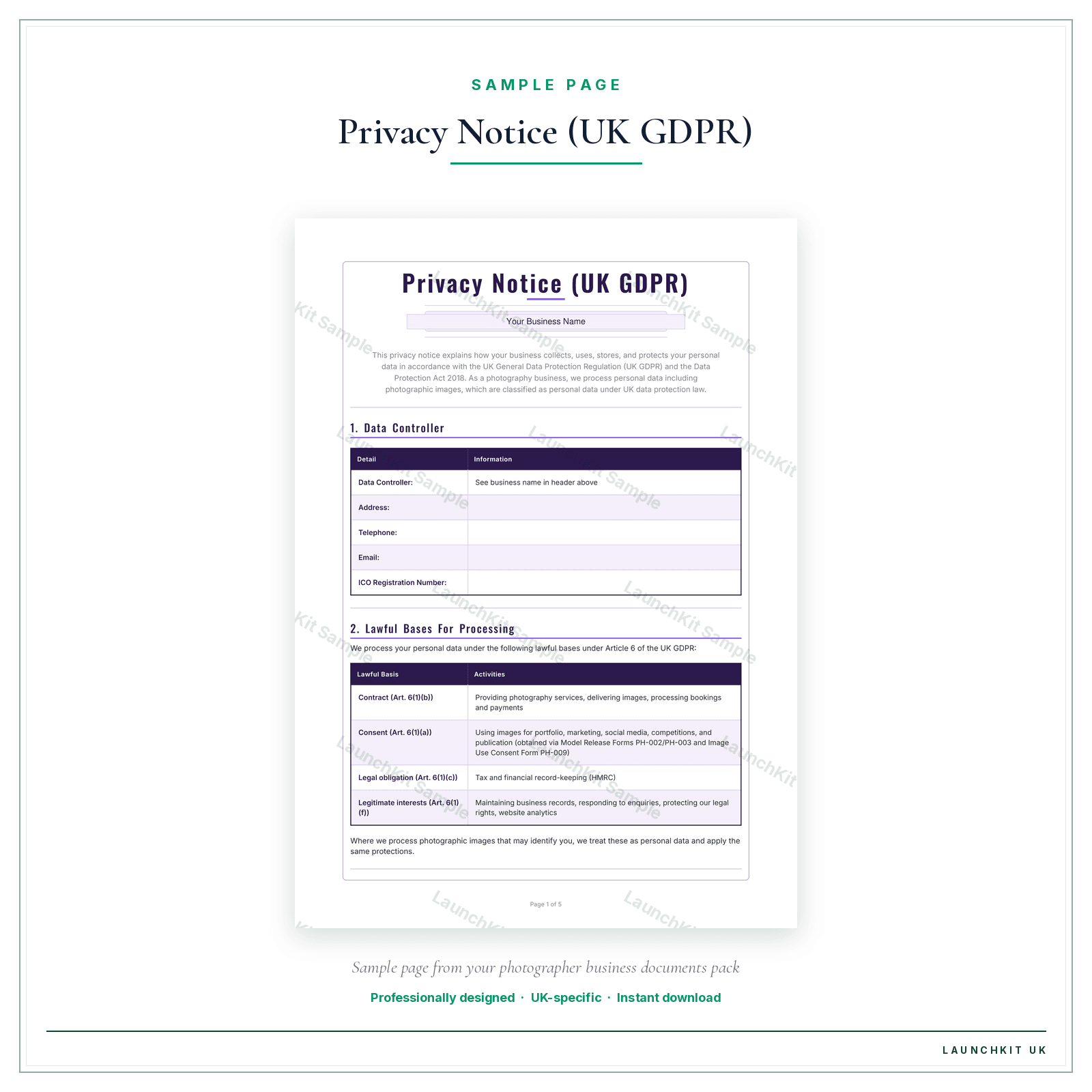 Privacy Notice (UK GDPR) sample page from the Photographer Business Documents — Standard pack — watermarked LaunchKit Sample