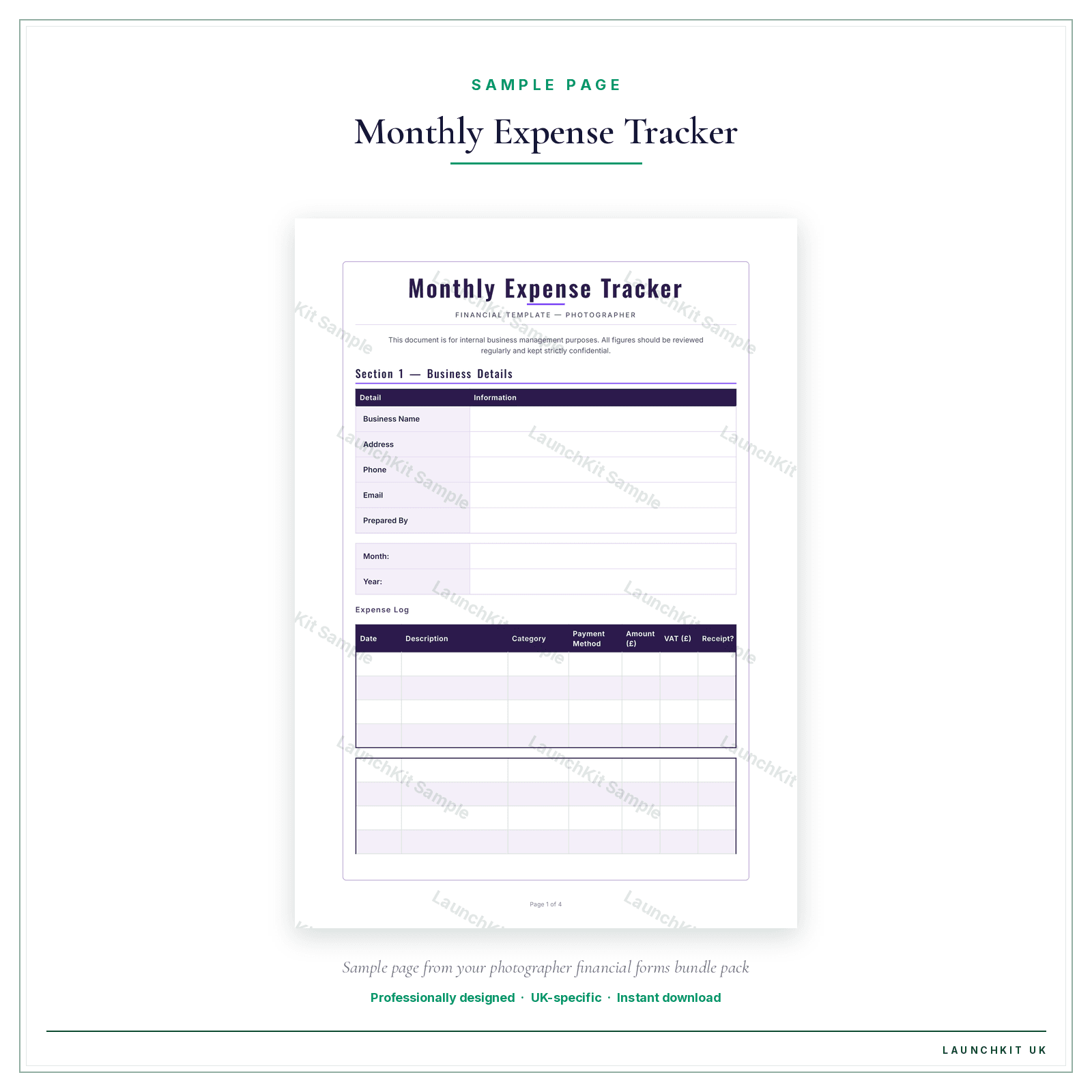 Monthly Expense Tracker sample page from the Photographer Financial Forms Bundle — Premium pack — watermarked LaunchKit Sample