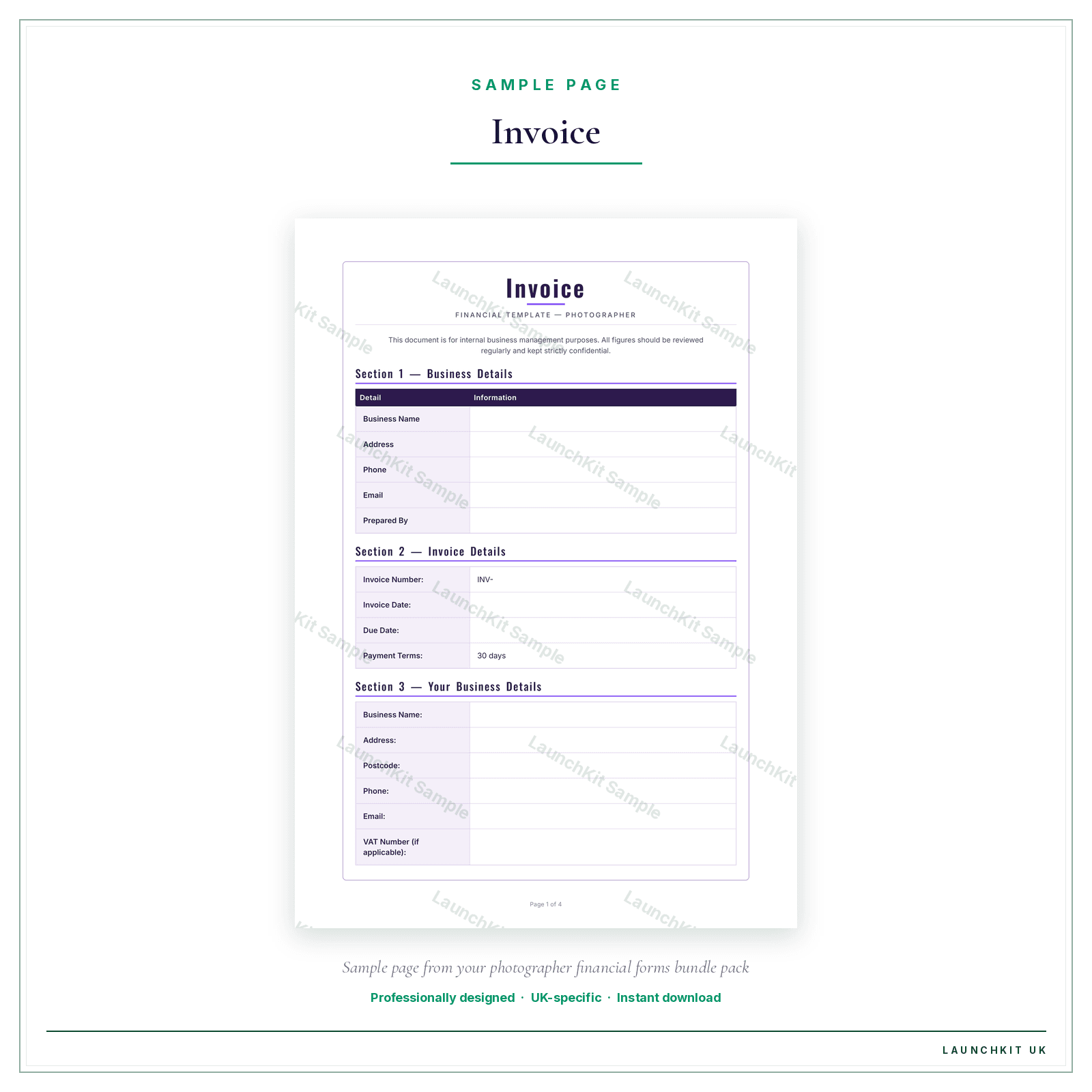Invoice sample page from the Photographer Financial Forms Bundle — Premium pack — watermarked LaunchKit Sample