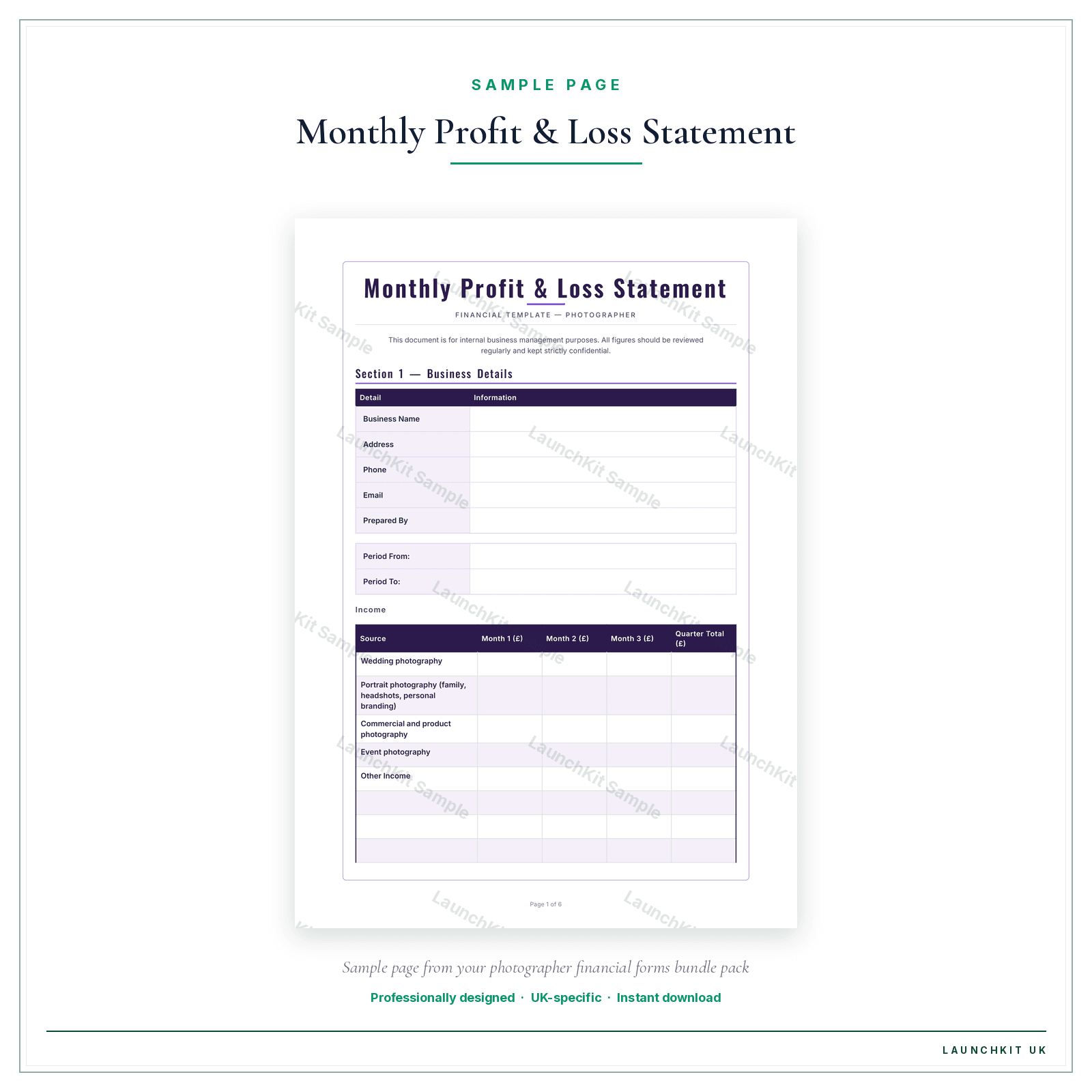 Monthly Profit & Loss Statement sample page from the Photographer Financial Forms Bundle — Premium pack — watermarked LaunchKit Sample