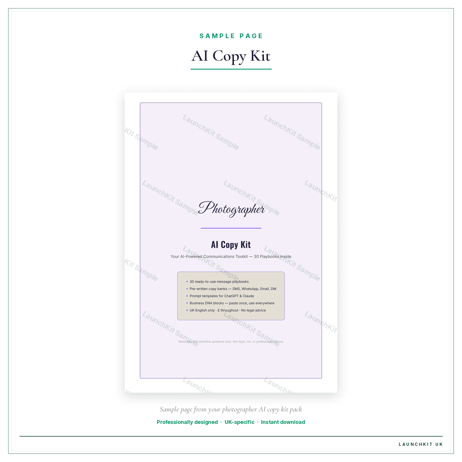 AI Copy Kit sample page from the Photographer AI Copy Kit pack — watermarked LaunchKit Sample