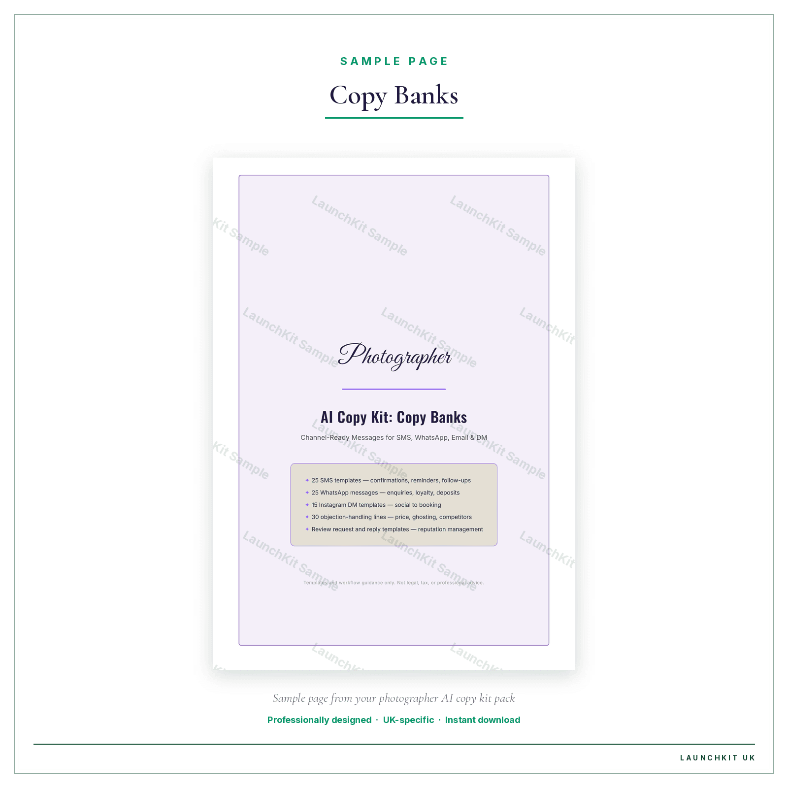 Copy Banks sample page from the Photographer AI Copy Kit pack — watermarked LaunchKit Sample