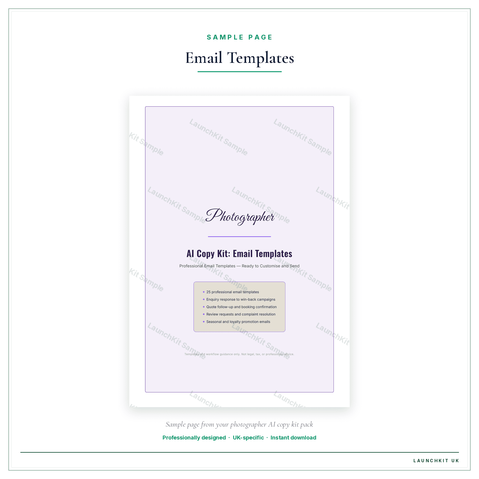 Email Templates sample page from the Photographer AI Copy Kit pack — watermarked LaunchKit Sample