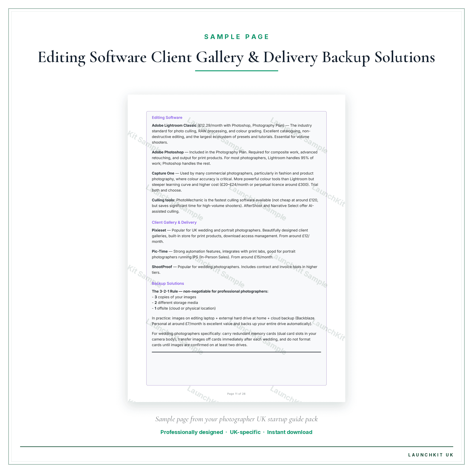 Editing Software Client Gallery & Delivery Backup Solutions sample page from the Photographer Startup Guide pack — watermarked LaunchKit Sample
