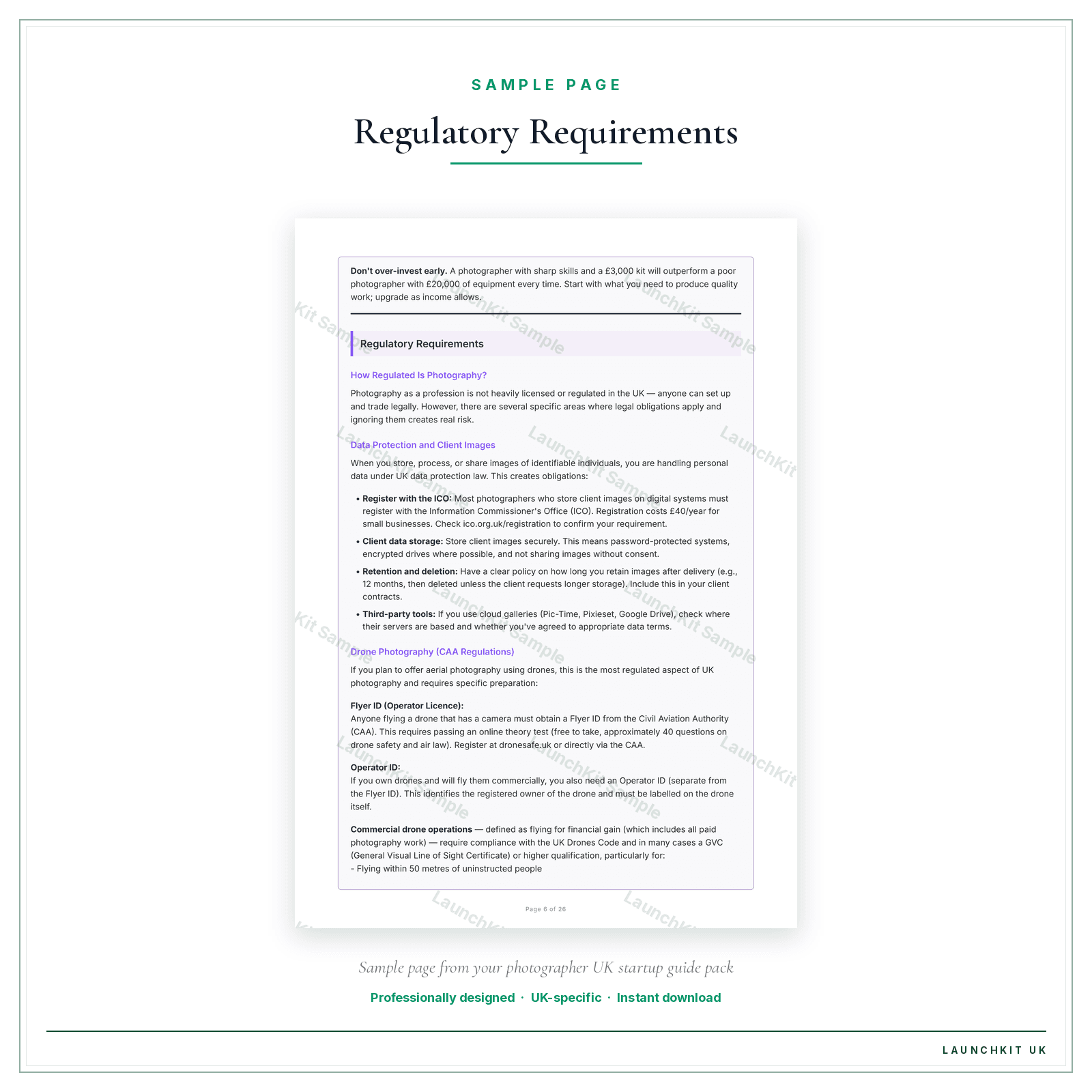 Regulatory Requirements sample page from the Photographer Startup Guide pack — watermarked LaunchKit Sample