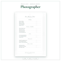 Photographer — Price List & Service Menu, PDF product preview