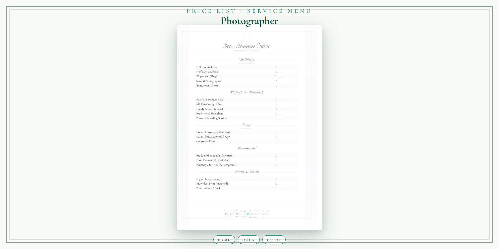Photographer — Price List & Service Menu, PDF product overview