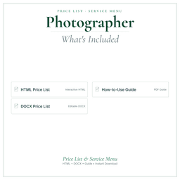 Photographer — Price List & Service Menu, PDF what's included preview