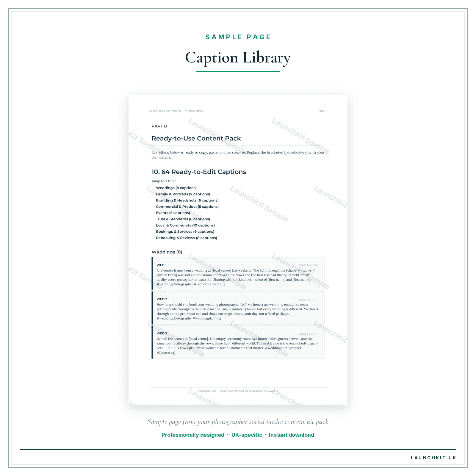 Caption Library sample page from the Photographer Social Media Content Kit pack — watermarked LaunchKit Sample