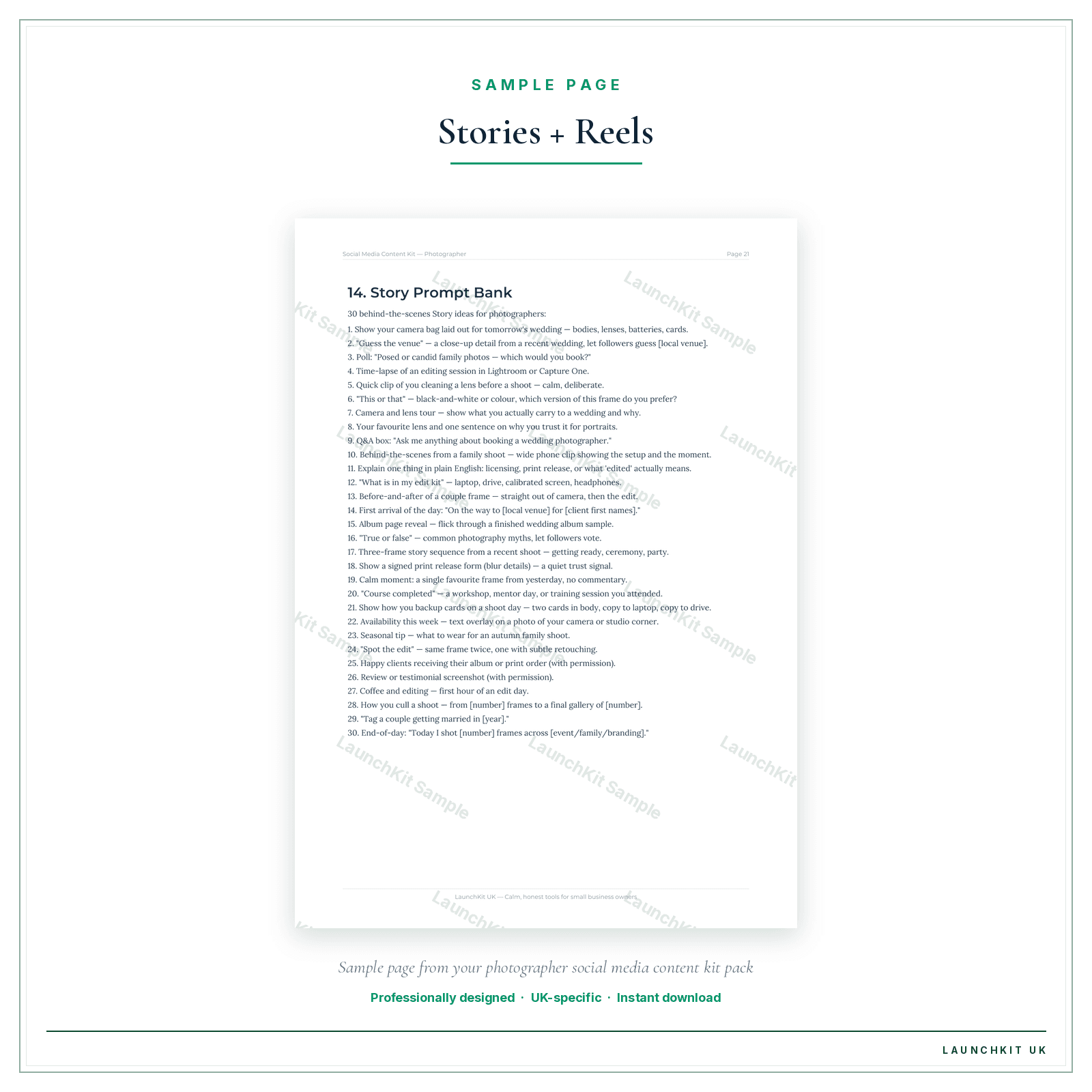 Stories + Reels sample page from the Photographer Social Media Content Kit pack — watermarked LaunchKit Sample