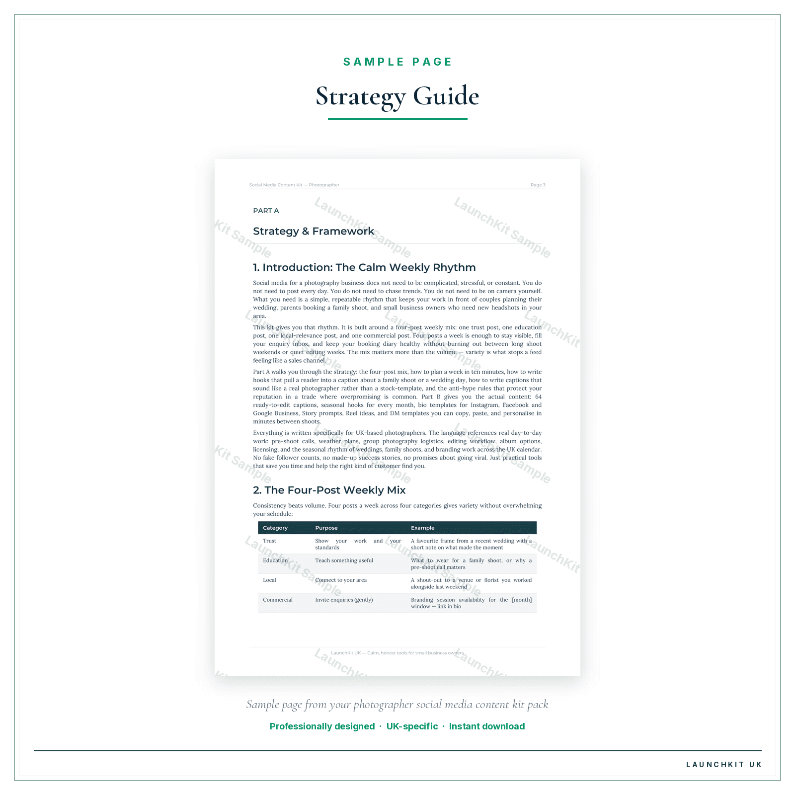 Strategy Guide sample page from the Photographer Social Media Content Kit pack — watermarked LaunchKit Sample