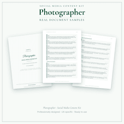 Photographer — Social Media Content Kit, PDF and editable DOCX sample pages