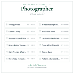 Photographer — Social Media Content Kit, PDF and editable DOCX what's included preview