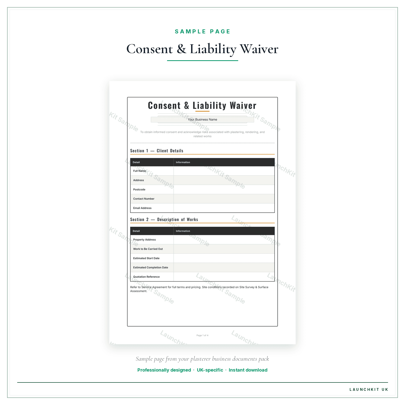 Consent & Liability Waiver sample page from the Plasterer Business Documents — Premium pack — watermarked LaunchKit Sample