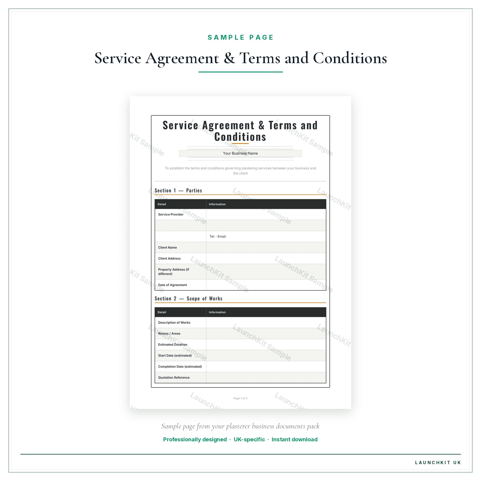 Service Agreement & Terms and Conditions sample page from the Plasterer Business Documents — Premium pack — watermarked LaunchKit Sample