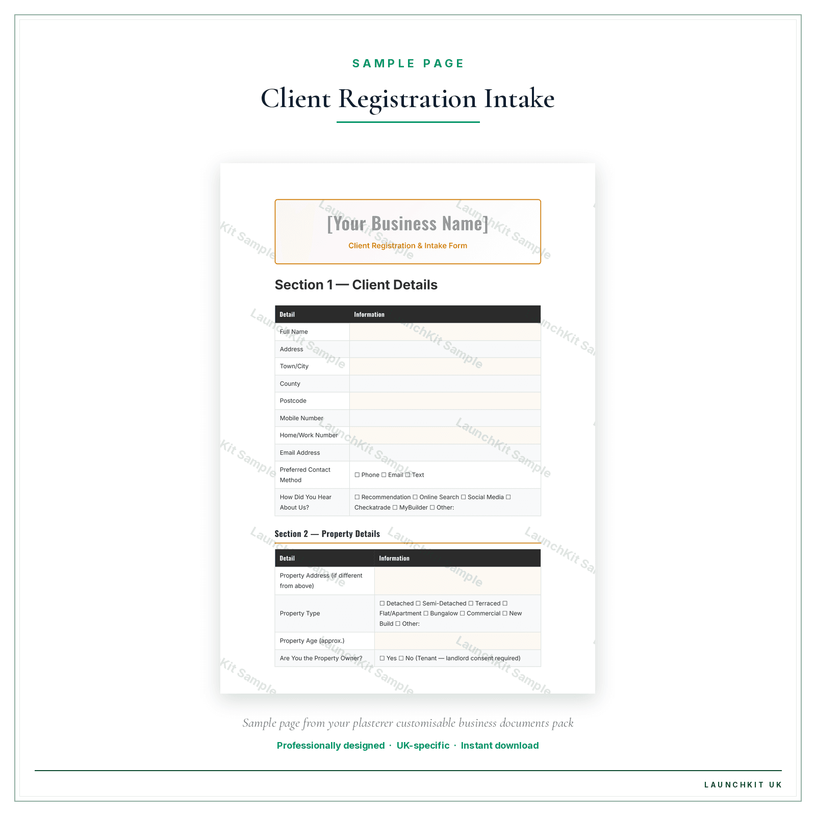 Client Registration & Intake Form sample page from the Plasterer Business Documents — Customisable pack — watermarked LaunchKit Sample