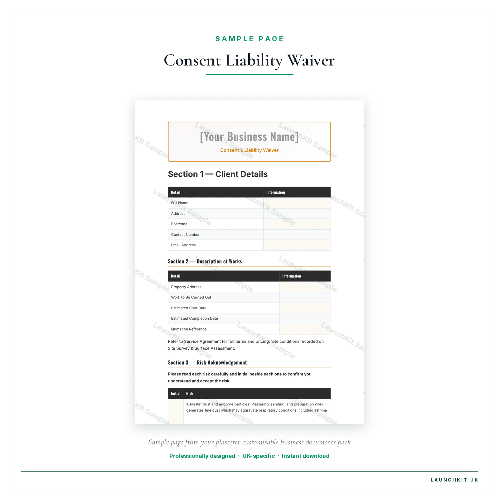 Consent & Liability Waiver sample page from the Plasterer Business Documents — Customisable pack — watermarked LaunchKit Sample