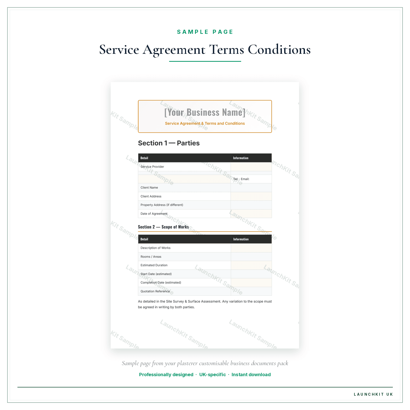 Service Agreement & Terms and Conditions sample page from the Plasterer Business Documents — Customisable pack — watermarked LaunchKit Sample