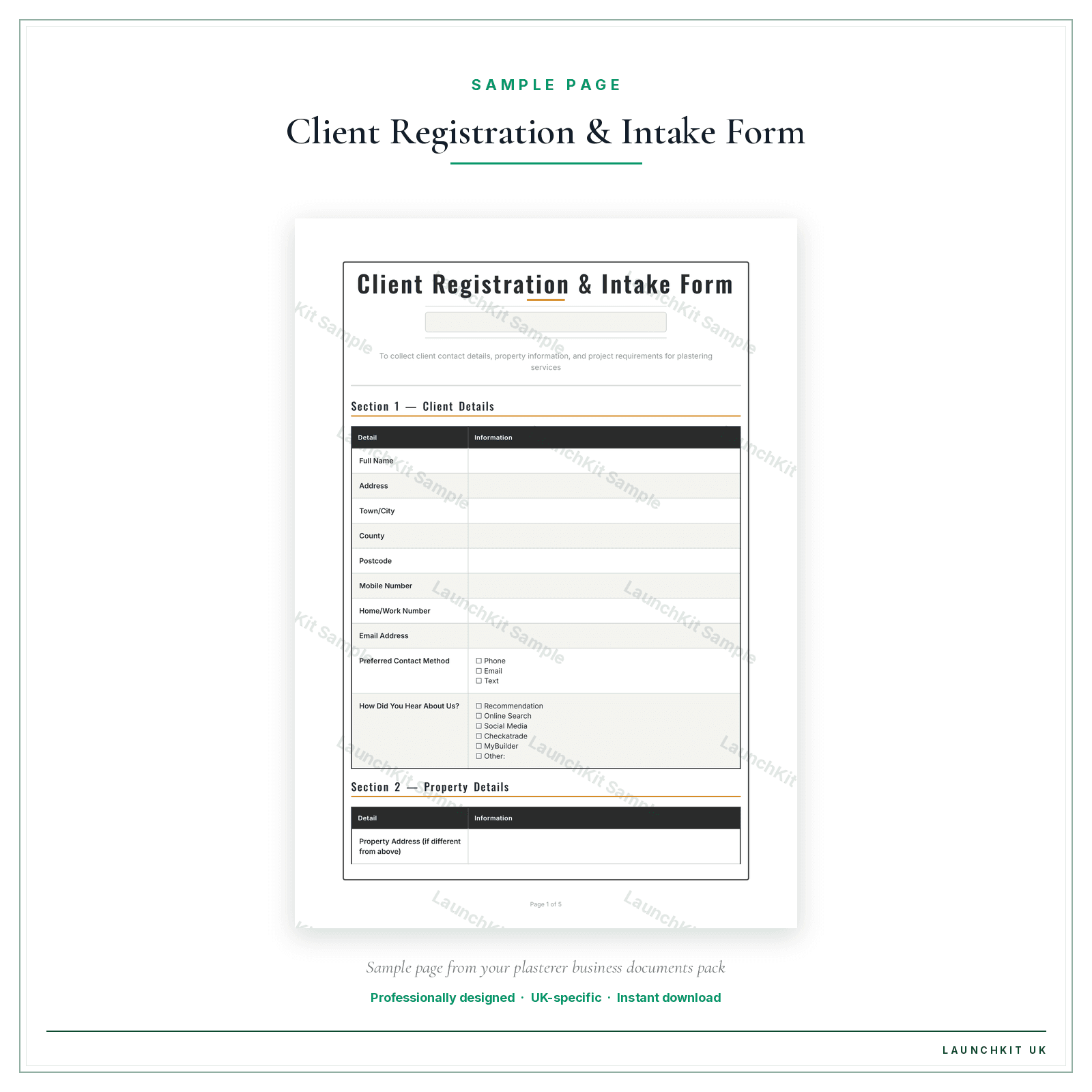 Client Registration & Intake Form sample page from the Plasterer Business Documents — Essential pack — watermarked LaunchKit Sample