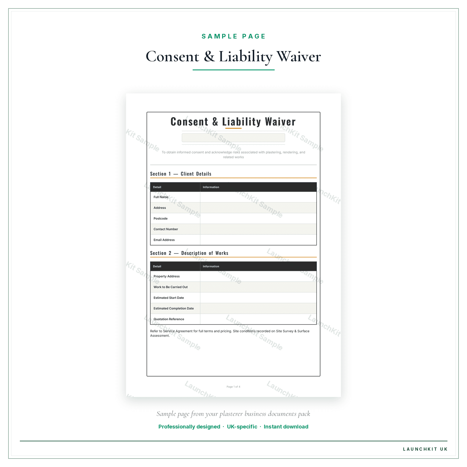 Consent & Liability Waiver sample page from the Plasterer Business Documents — Essential pack — watermarked LaunchKit Sample