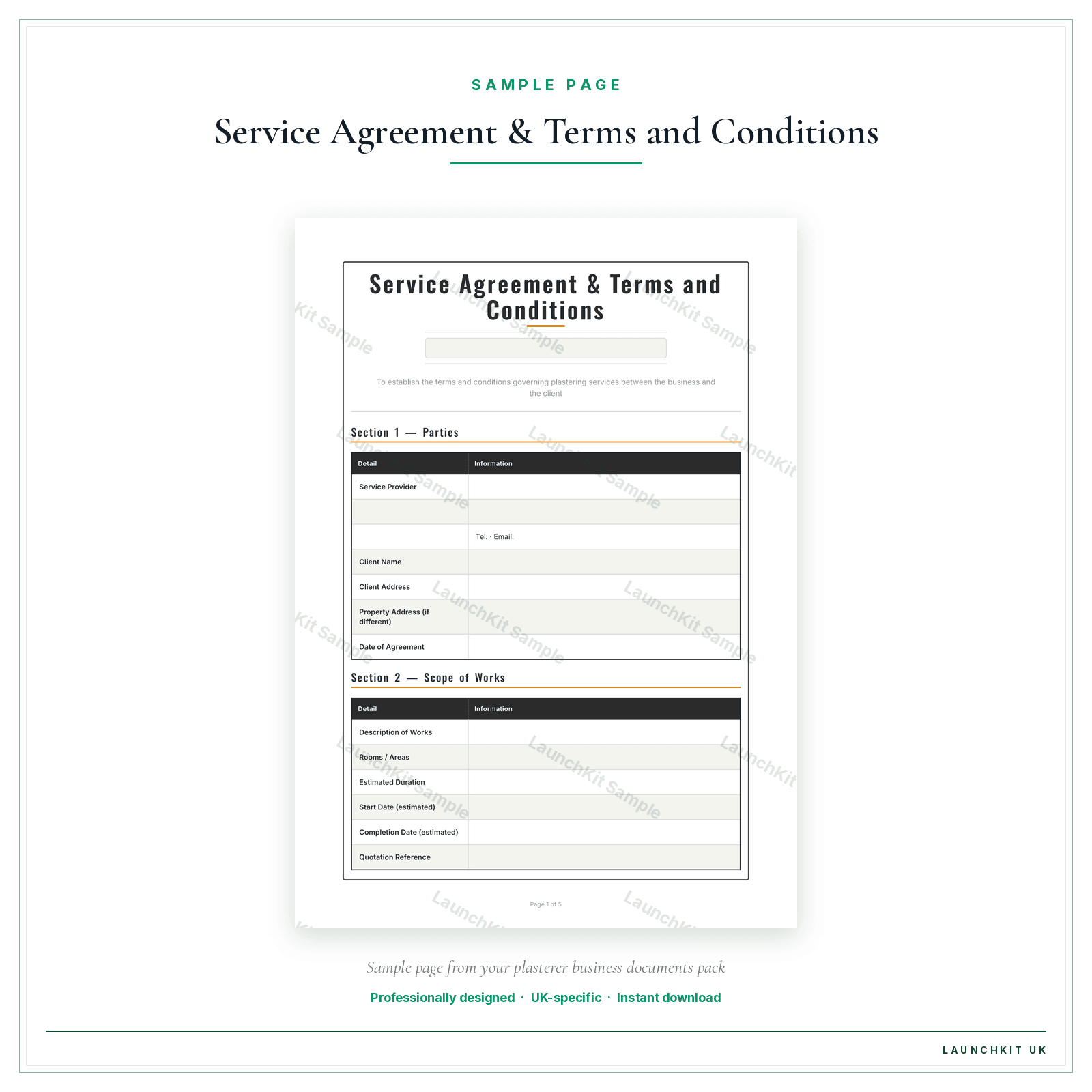 Service Agreement & Terms and Conditions sample page from the Plasterer Business Documents — Essential pack — watermarked LaunchKit Sample